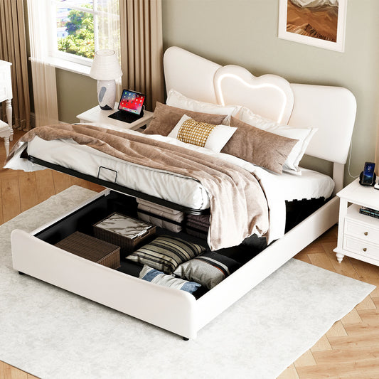 Doppelbett 140x200, LED Stauraumbett mit Lattenrost, Hydraulisch Polsterbett aus Kopfteil Höhenverstellbar, Herzform Kopfteil