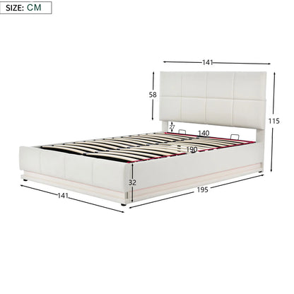 Rosahqnda Hydraulischer Doppelbettrahmen 140*190cm mit LED, Verstellbares Kopfteil, Stauraumbett 140*200cm, Polsterbett, PU