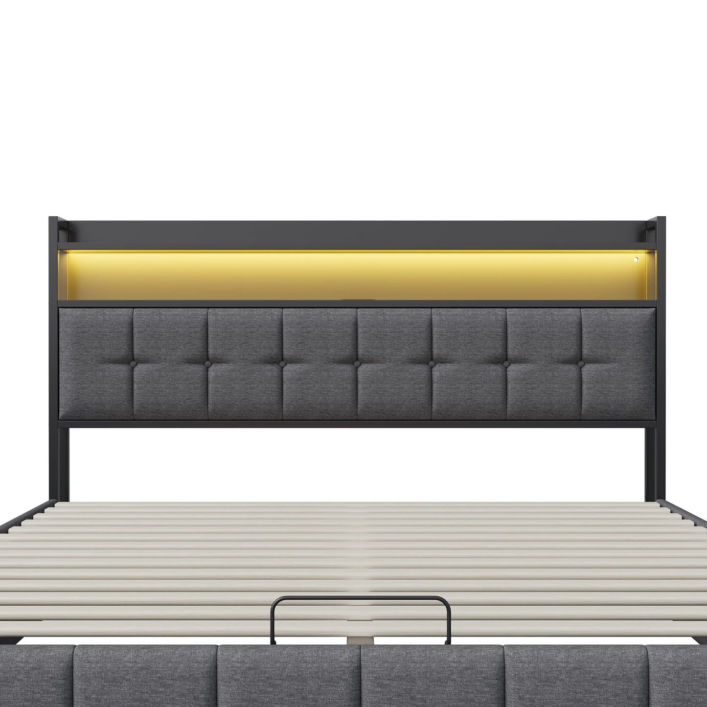 Rosahqnda Multifunctional Double Bed,Rechargeable,LED and Hydraulic Storage,Teen Bed,140/160 x 200 cm,Linen/PU,Grey,Black.