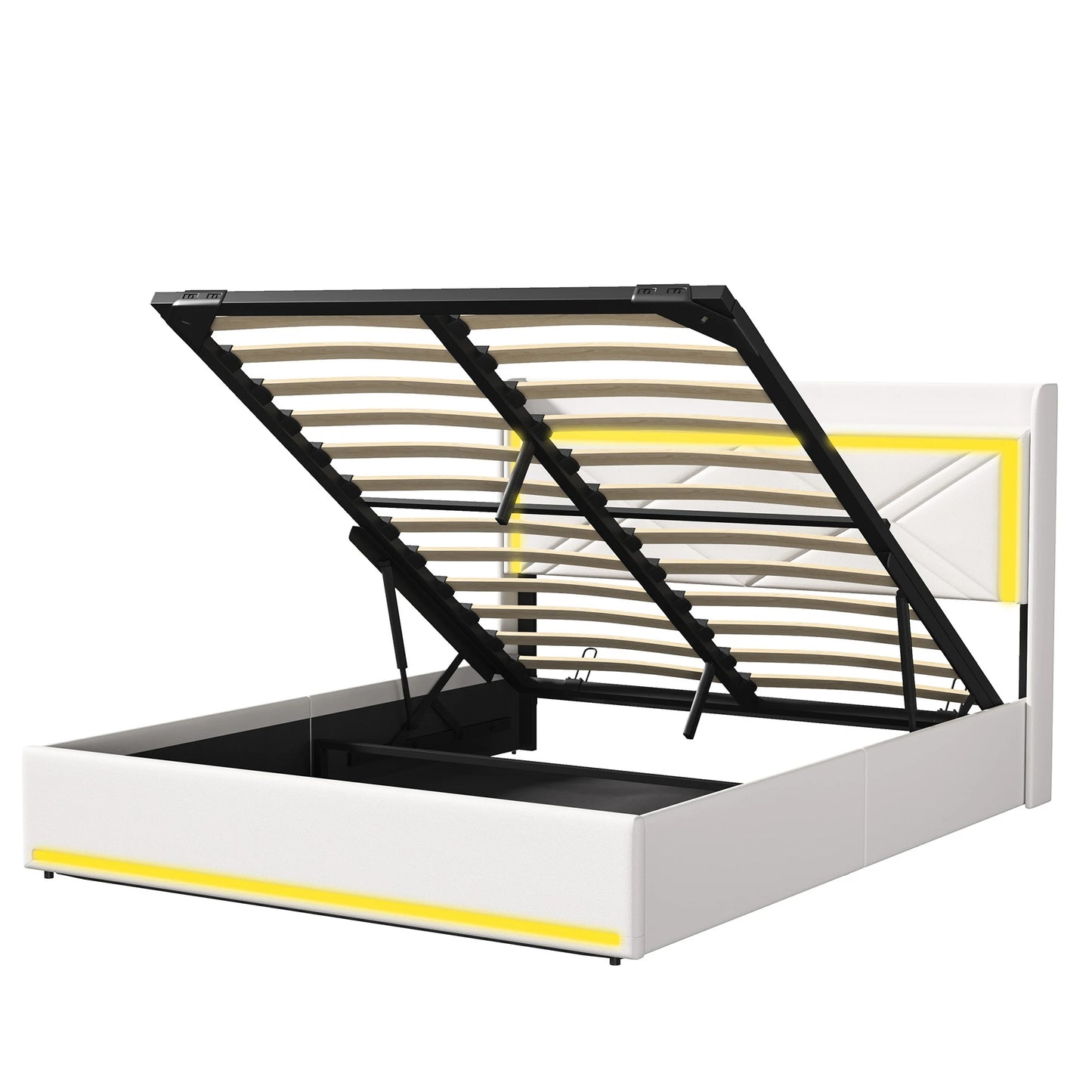 WoodenAura Hydraulisches Doppelbett, Polster bett mit Stauraum und LED-Beleuchtung, Metall rahmen Bett mit latten, PU-Leder weiß