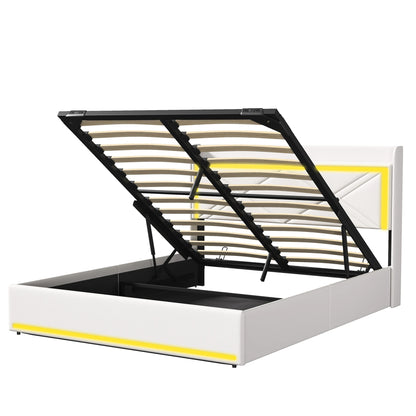 WoodenAura Hydraulisches Doppelbett, Polster bett mit Stauraum und LED-Beleuchtung, Metall rahmen Bett mit latten, PU-Leder weiß