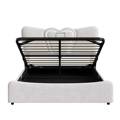 Doppelbett 140x200, LED Stauraumbett mit Lattenrost, Hydraulisch Polsterbett aus Kopfteil Höhenverstellbar, Herzform Kopfteil