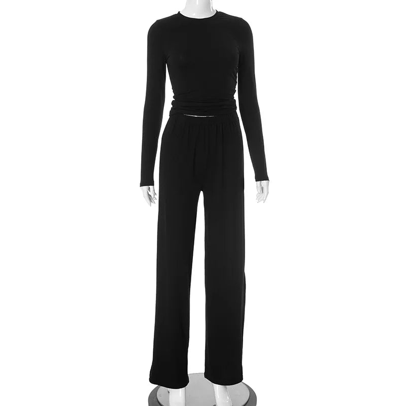 Apprabant Solid Pleated Casual Basic Trousers Set Round Neck Long Sleeve Top Fashion Sports Style High Waist Wide Leg Pants Suit.
