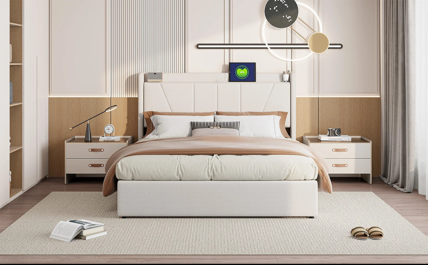 RosahqndaPolsterndes Doppelbett mit Stauraum unter dem Bett, LED-Kopfteil mit USB/Typ C, Bettgestell mit Stauraum und Lattenrost