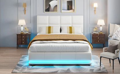 Rosahqnda Hydraulischer Doppelbettrahmen 140*190cm mit LED, Verstellbares Kopfteil, Stauraumbett 140*200cm, Polsterbett, PU