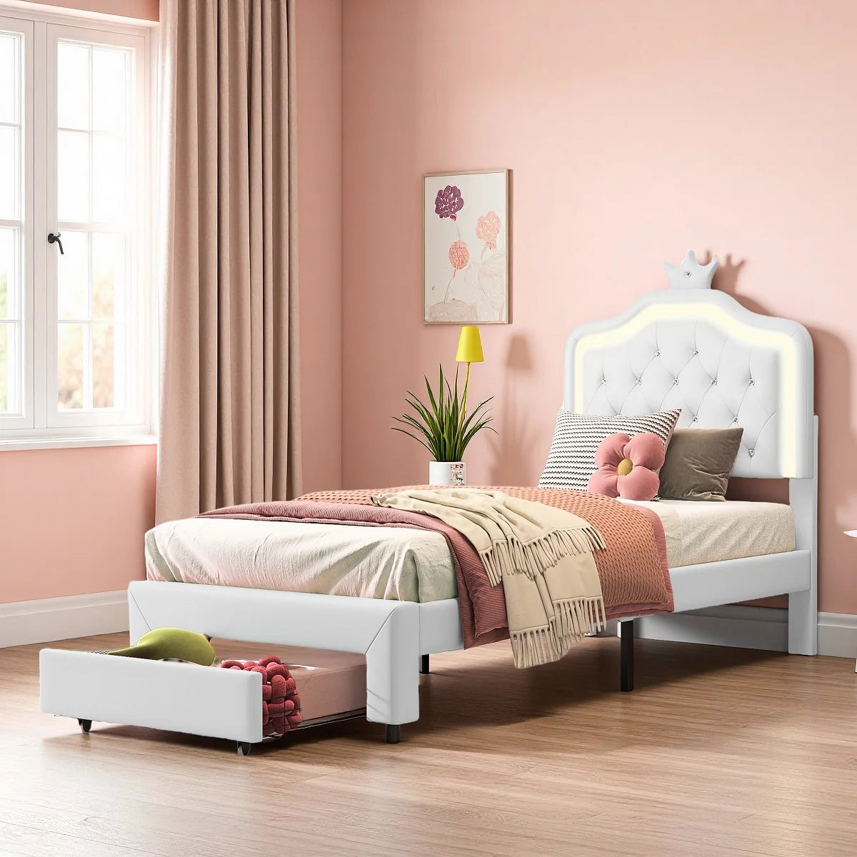 Kinderbett Polsterbett 90x200cm, Bett für Mädchen mit Schublade,Kronenförmiges Prinzessinnenbett mit LED-Lichtleisten,Weiß,PU