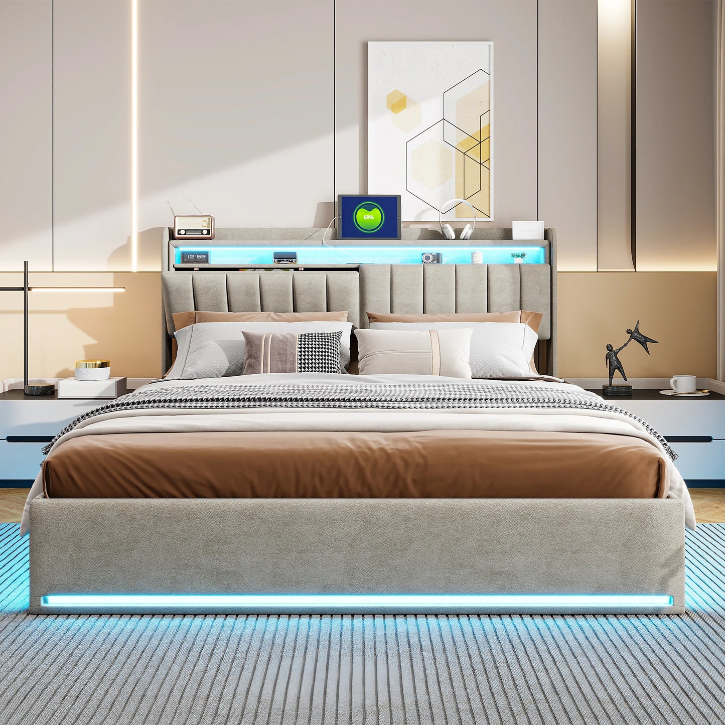 Bett 140 x cm mit LED-Box und USB, Polsterbett 140 x 200 mit LED-Licht gepolstertes Bett mit Stauraumbett 2 Personen