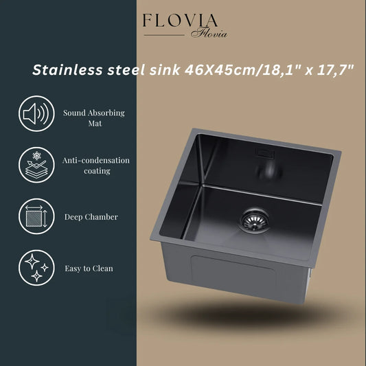 Graphitschwarzes Edelstahlspülbecken 46 x 45 cm – Einzelschüssel-Topmount – mit Abflusssatz, Überlauf und Zubehör