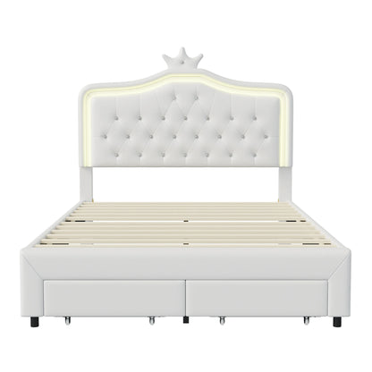 Rosahqnda Kinderbett Kronenform 90/140 x 200 cm, LED und Schubladen, höhenverstellbares Kopfteil, PU, Rosa/Weiß