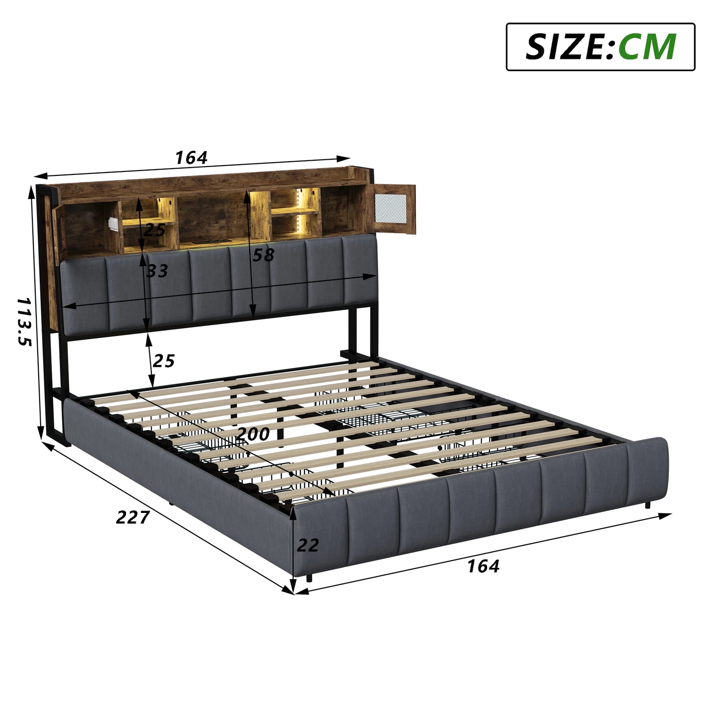 WoodenAura Polsterbett 140x200cm, Doppelbett mit 4 Schubladen, LED Kopfteil mit USB Ladefunktion, Rückenlehne Bett mit Stauraum