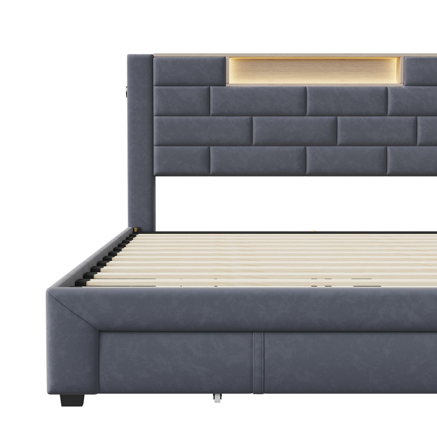 Upholstered Bed 160x200cm with LED and USB Charging Socket,Drawer Storage Bed,Bedside Storage,Adult Livingroom,Gray,Velvet