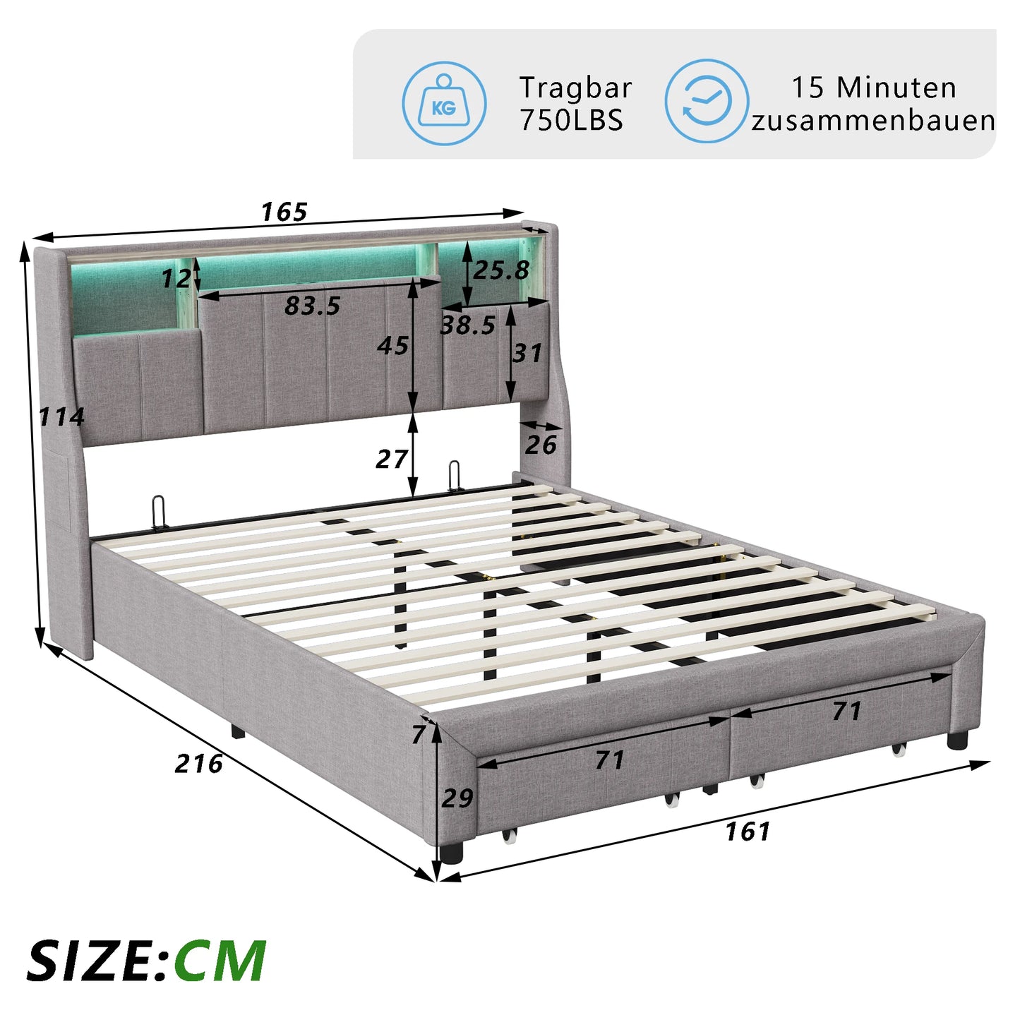 Rosahqnda gepolstertes Doppelbett 140x200cm mit LED-Beleuchtung,Doppelbett mit 2 Schubladen,hydraulischem Stauraum,ohne Matratze