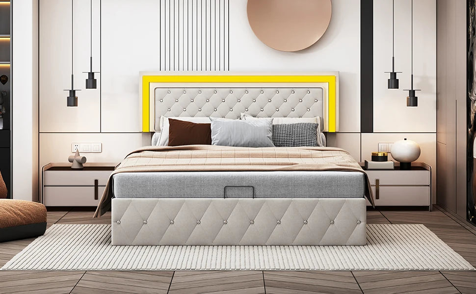 Rosahqnda Doppelbettgestell 140–160–180 x 200 cm, verstellbares LED-Kopfteil, hydraulisches Bett mit Stauraum, gepolstertes Jugendbett, Samt