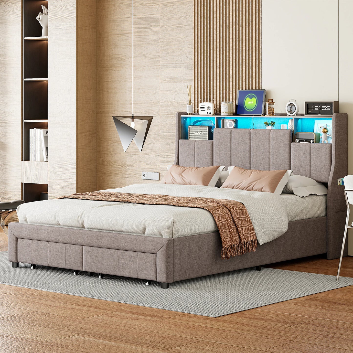 Upholstered Bed 160 x 200 cm, Bed Frame with LED Lights, USB Ports and Storage Headboard, Double Bed, Guest Bed, Teenager's Bed