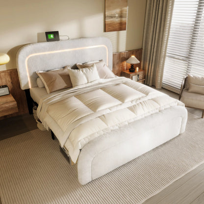 Polsterbett Doppelbett mit USB-Ladeanschluss,LED-Beleuchtung, Funktionelles bett mit Höhenverstellbarem Kopfteil(Ohne Matratze)