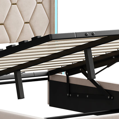 Polsterbett Doppelbett 140x200 cm, Bett mit Stauraum und Lattenrost, Bett mit LED, Stauraumbett mit Bettkasten und Kopfteil