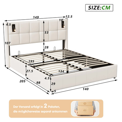 ROSAHQNDA Modernes Polsterbett, hydraulisches Doppelbett mit Leseleuchten, 140/160x200cm, Samtbett mit Stauraum, ohne Matratze