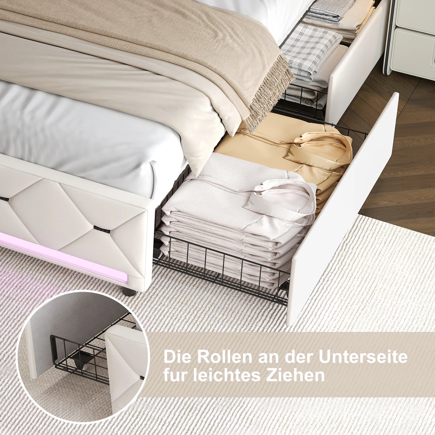 Comanlai 160 x 200 cm Polsterbett, mit USB-Ladefunktion und LED-Kopfteil und 4 Schubladen, ohne Matratze, Samt, gebrochenes Weiß