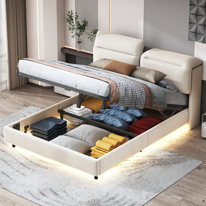 WoodenAura Bett 160 x 200 cm mit Lattenrost, Bett 160x200 cm mit Stauraum und Kopfteil, Bett mit LED-Beleuchtung und Stauraum