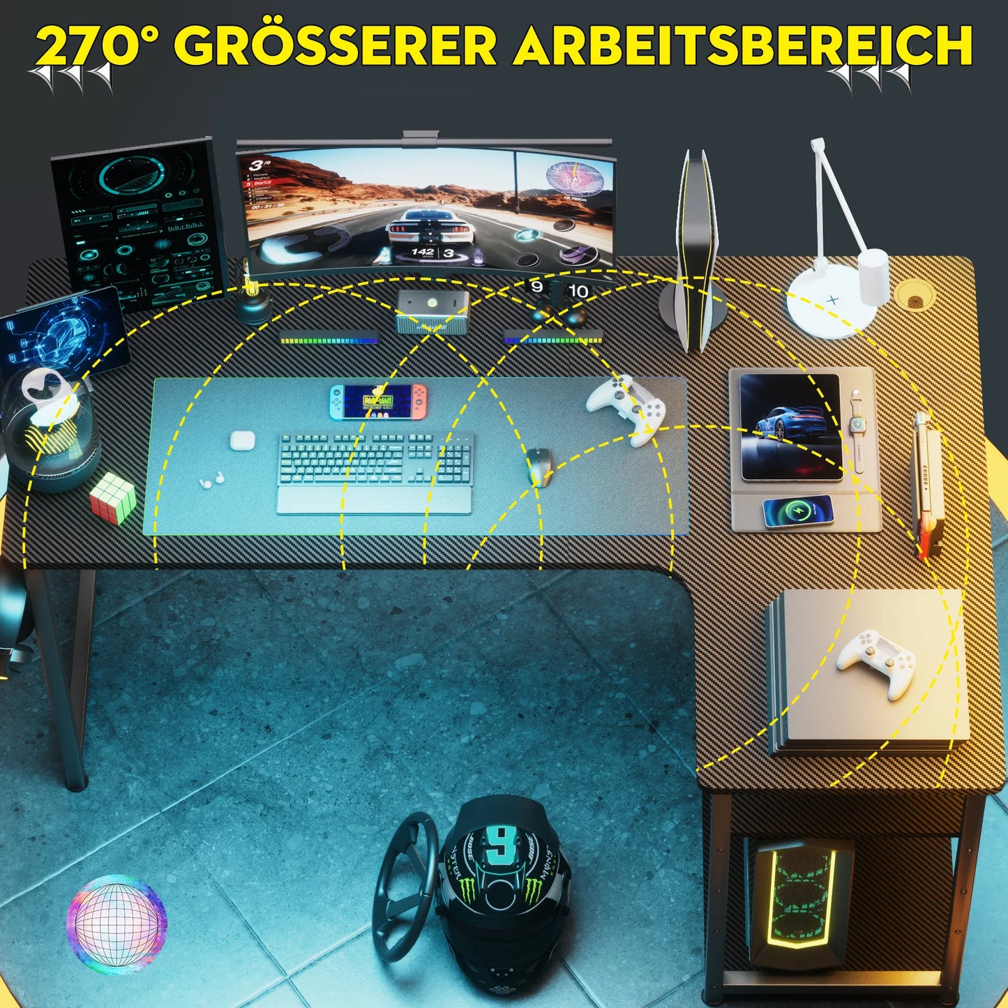 COMHOMA Schreibtisch Gaming Tisch mit Regal, Eckschreibtisch 100cm Computertisch L Form, PC Tisch für Büro, Heimbüro