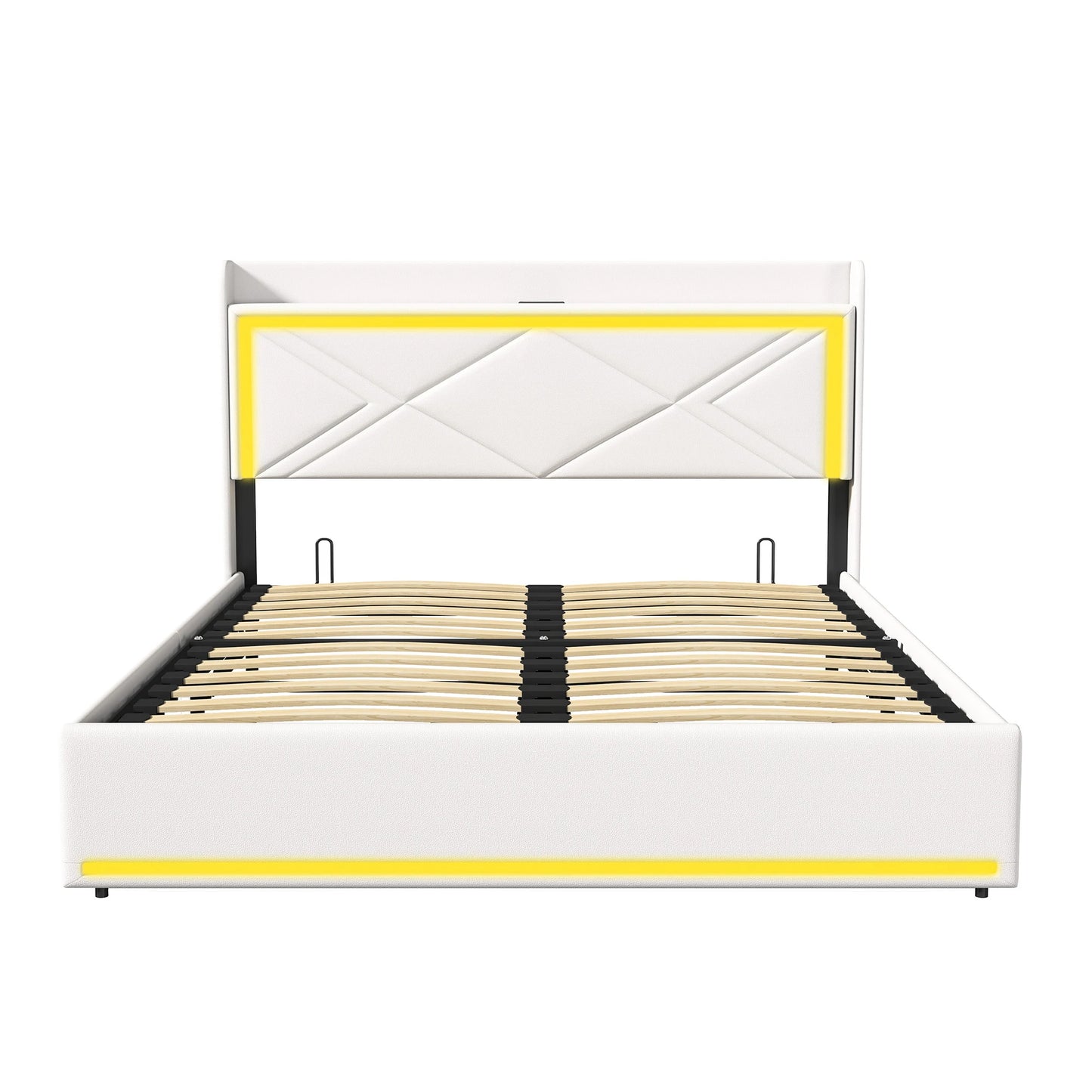 WoodenAura Hydraulisches Doppelbett, Polster bett mit Stauraum und LED-Beleuchtung, Metall rahmen Bett mit latten, PU-Leder weiß