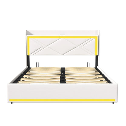WoodenAura Hydraulisches Doppelbett, Polster bett mit Stauraum und LED-Beleuchtung, Metall rahmen Bett mit latten, PU-Leder weiß