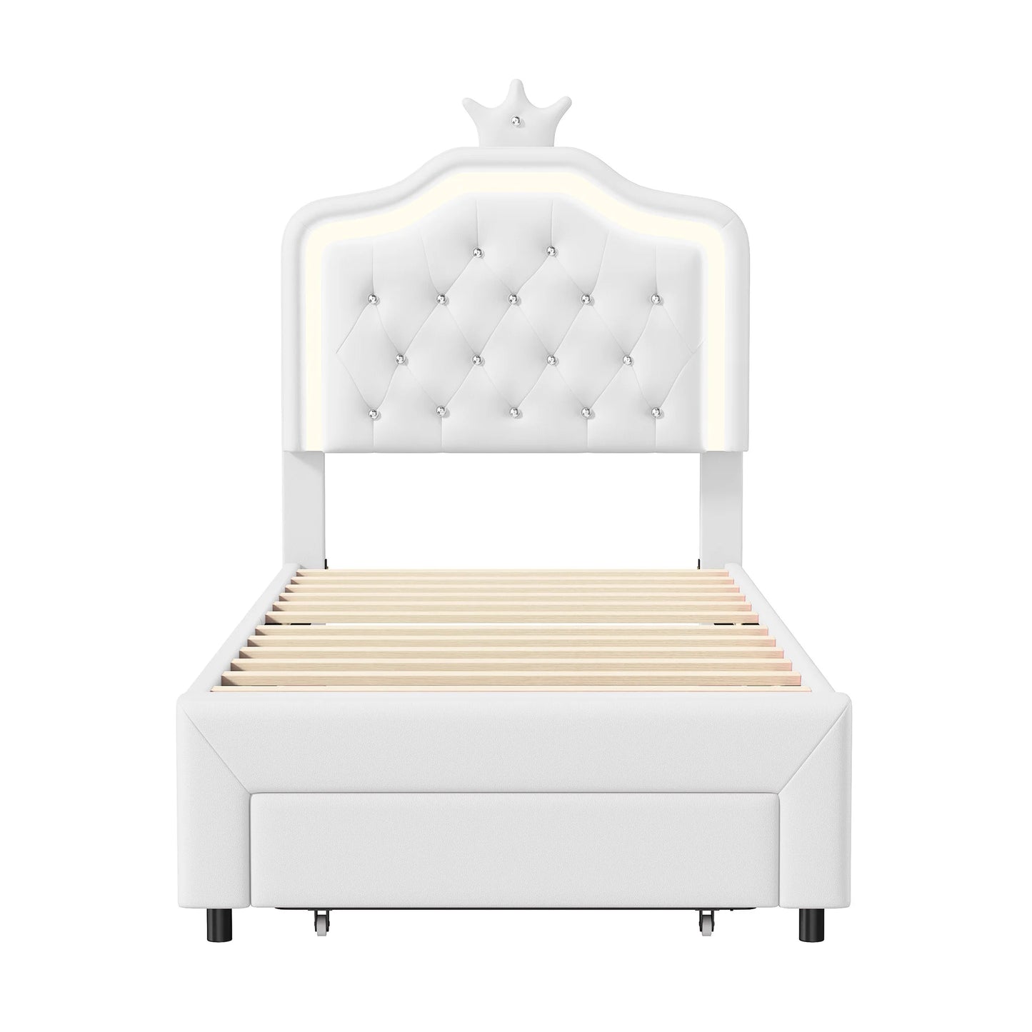 90x200cm Polster bett, Einzel bett mit Lattenrost und Rückenlehne, mit LED und großem Stauraum, PU, White, ohne Matratze