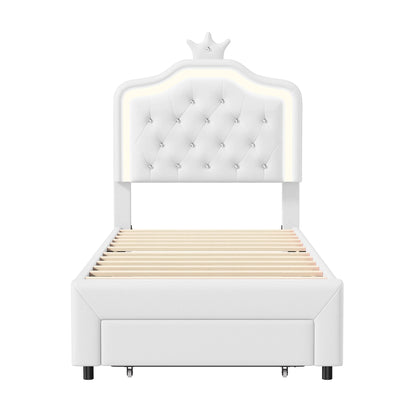 90x200cm Polster bett, Einzel bett mit Lattenrost und Rückenlehne, mit LED und großem Stauraum, PU, White, ohne Matratze