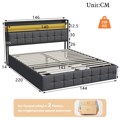 Rosahqnda Multifunctional Double Bed,Rechargeable,LED and Hydraulic Storage,Teen Bed,140/160 x 200 cm,Linen/PU,Grey,Black.