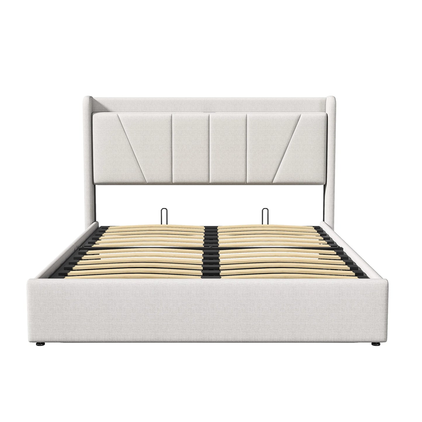 Doppelbett mit LED-Beleuchtung und 2 USB-Lademöglichkeiten, Hydraulisches Bett 140x200cm,Polsterbett mit Lattenrost, Leinenstoff