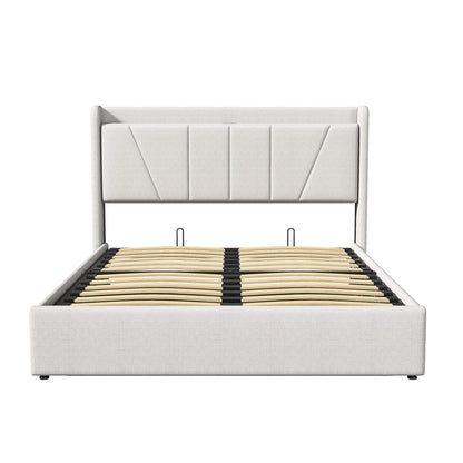 Doppelbett mit LED-Beleuchtung und 2 USB-Lademöglichkeiten, Hydraulisches Bett 140x200cm,Polsterbett mit Lattenrost, Leinenstoff