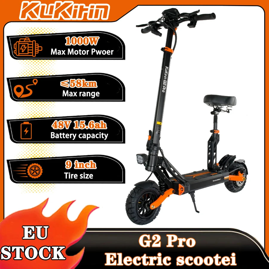 New urban/off-road electric scooter Kukirin G2 PRO 1000W 48 v15.6ah 45HP/H foldable electric scooter with seat.