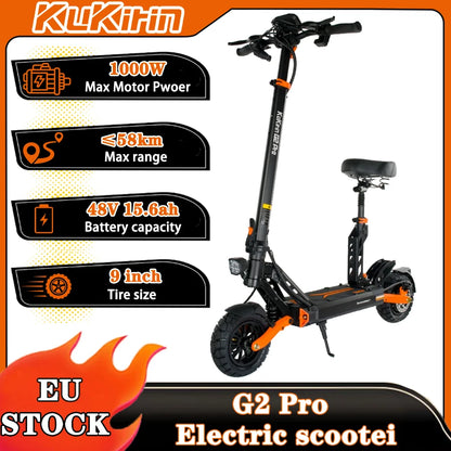 New urban/off-road electric scooter Kukirin G2 PRO 1000W 48 v15.6ah 45HP/H foldable electric scooter with seat.