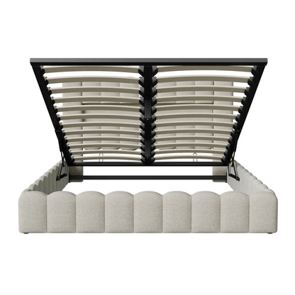 Rosahqnda Polsterbett mit LED- und USB-Anschluss, Leinenbaumstumpfbettgestell mit Kopfteil, 140 x 200 cm großes hydraulisches Bett ohne Matratze