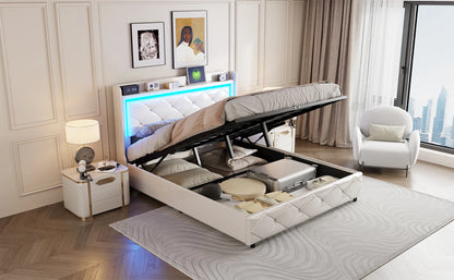 Rosahqnda Doppel-Jugendbettgestell 140–160 x 200 cm mit hydraulischem LED- und USB-Aufbewahrungsbett, Einzelbett, Gäste-/Master-Schlafzimmer, PU, weiß/schwarz