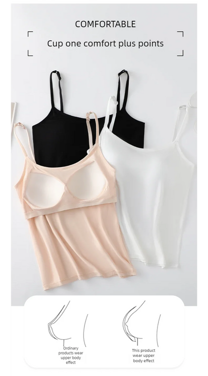 Solid Color Sling Vest for Women with Built-in Bra Pads, Adjustable Shoulder Straps - Summer Inner Layer Top.