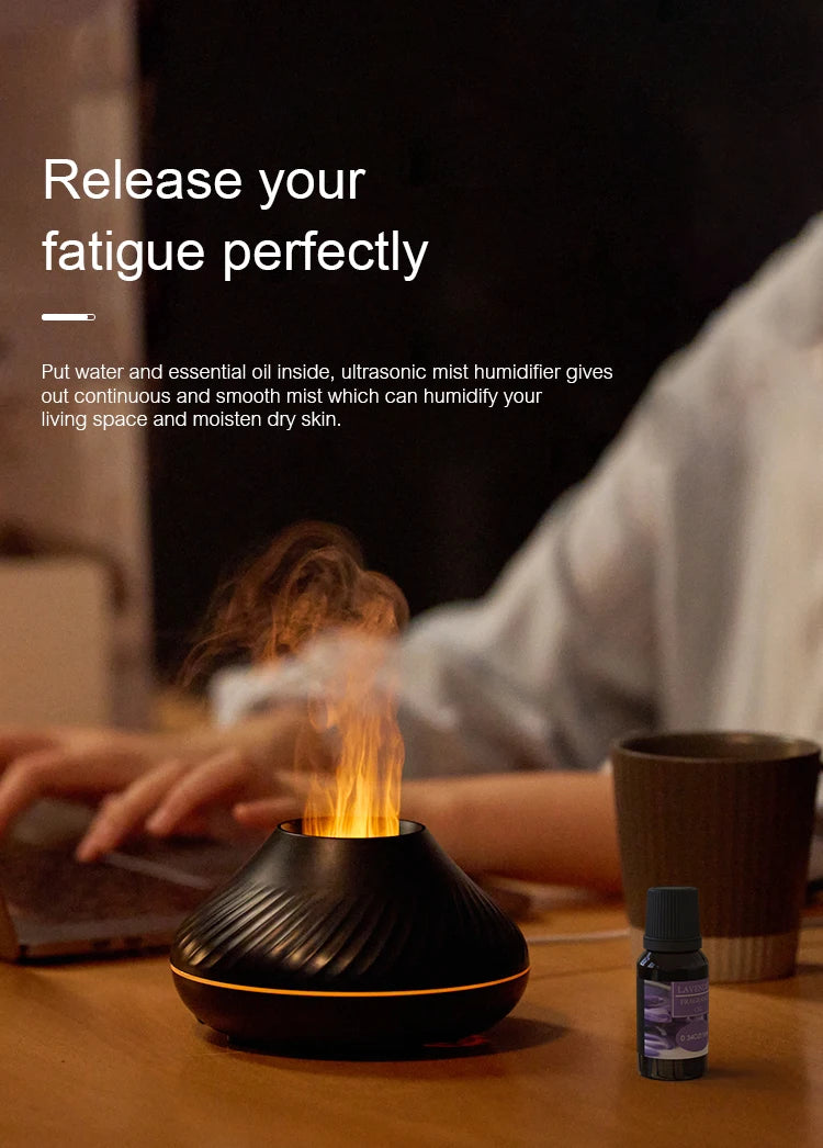 KINSCOTER Volcanic Aroma Diffuser Essential Oil Lamp 130ml USB Portable Air Humidifier with Color Flame Night Light.