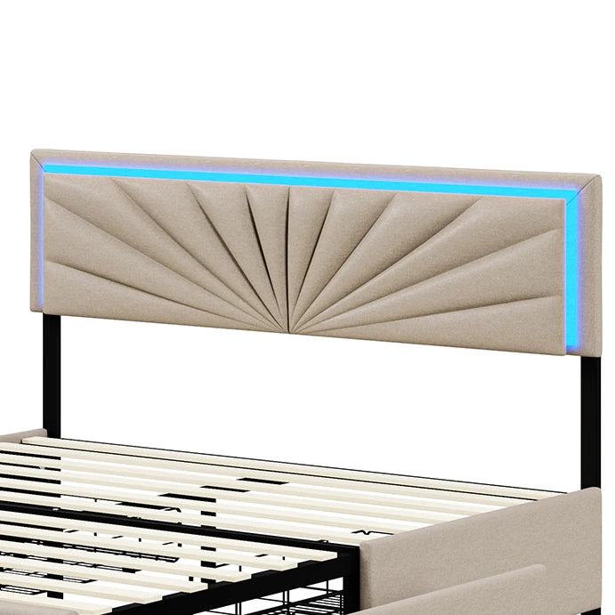 ROSAHQNDA Gepolstertes Doppelbett 140/160 x 200 cm, LED-Aufbewahrungsbett mit Schubladen, mit Kopfteil und Lattenrost, ohne Matratze