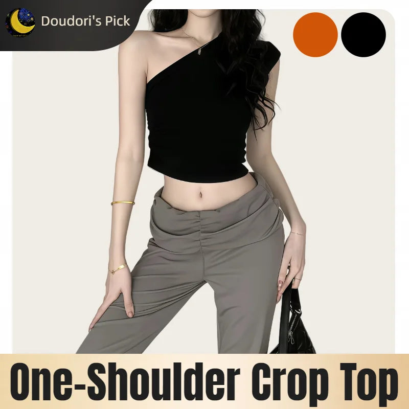 Korean Style Women's Black and Brown Asymmetrical Pleated Sleeveless Slim-Fit One-Shoulder Crop Top.