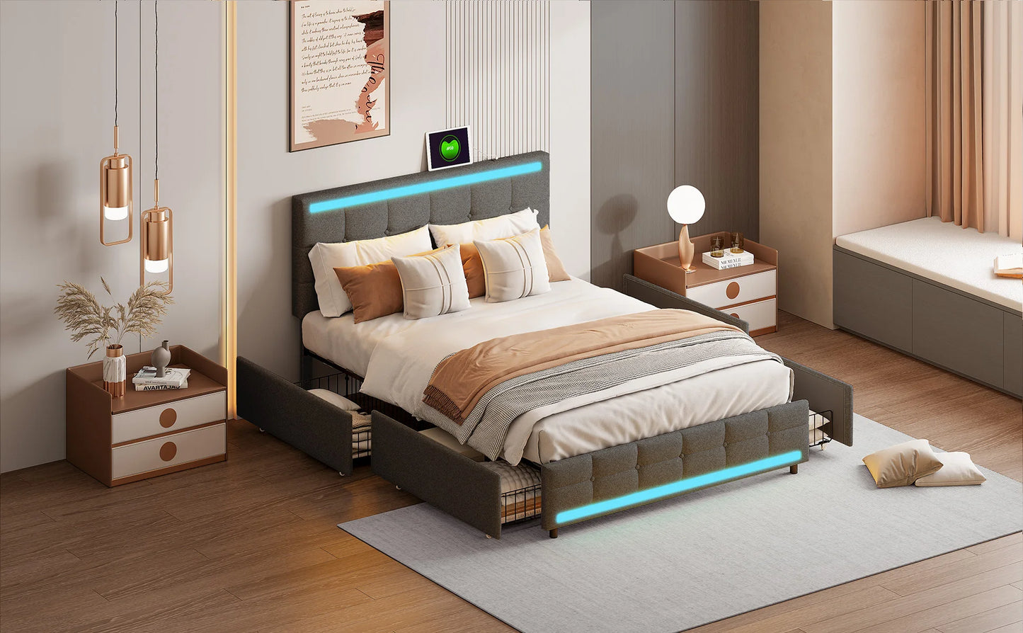 Rosahqnda Polsterbett mit 4 Schubladen und 2 USB-Anschlüssen, Bettrahmen mit LED-Leuchten, Kopfteil, Fußteil und Stauraum