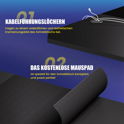 GTPLAYER Gaming Tisch, Gaming Schreibtisch 120 x 60cm, PC Tisch Gamer Tisch mit Kohlefaseroberfläche/LED/Steckdose, Schwarz