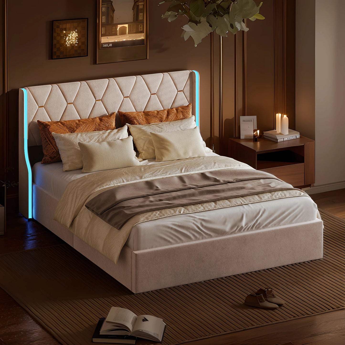 Bett 140x200 cm, Polsterbett mit Hydraulischem Stauraum und LED-Kopfteil, Doppelbett Stauraumbett mit Lattenrost, Funktionsbett