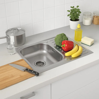 80 x 50 cm große Küchenspüle aus Edelstahl, Einzelschüssel mit Wasserhahnloch und Abtropffläche, Silber, linke/rechte Option