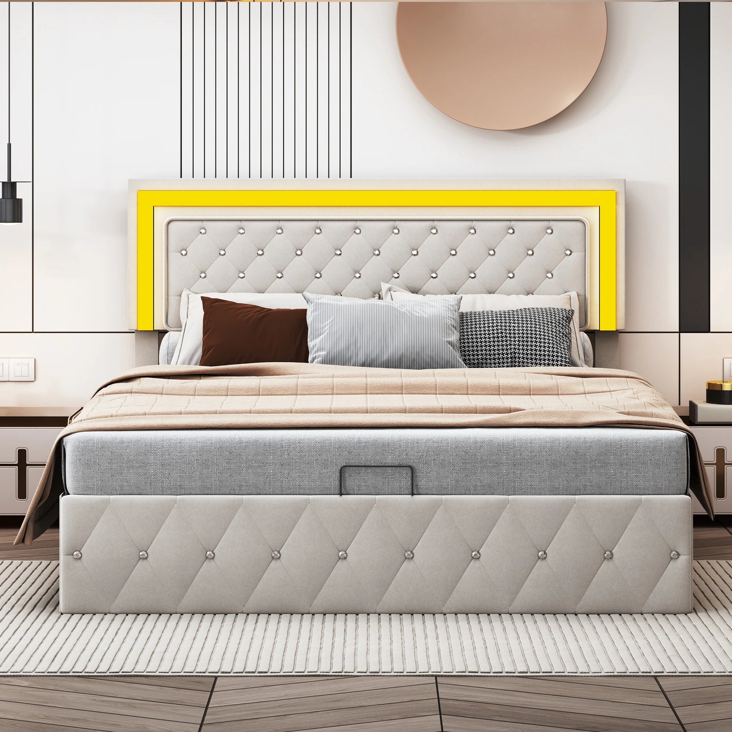 Rosahqnda gepolstertes Doppelbett 140 x 200 cm mit LED-Beleuchtung, hydraulischem Stauraumbett und Lattenrost, Funktionsbetten, Samt