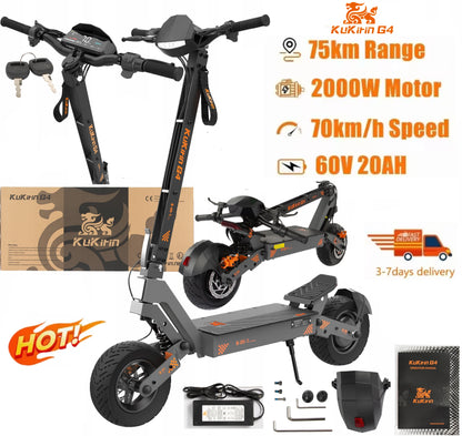 KuKirin G4 Electric Scooter Foldable , 2000W Motor, 60V 20Ah Battery, 70km/h Top Speed, 75km Range, 11'' Tubeless Wheels.