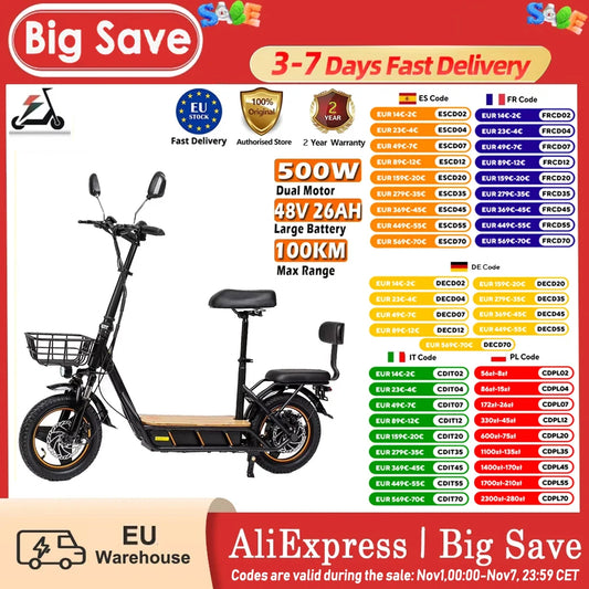 KuKirin C1 Pro Adult Electric Scooter With Seat 14" Tire 500W Motor 48V 26Ah Battery 45km Max Speed Electric Motorcycle.