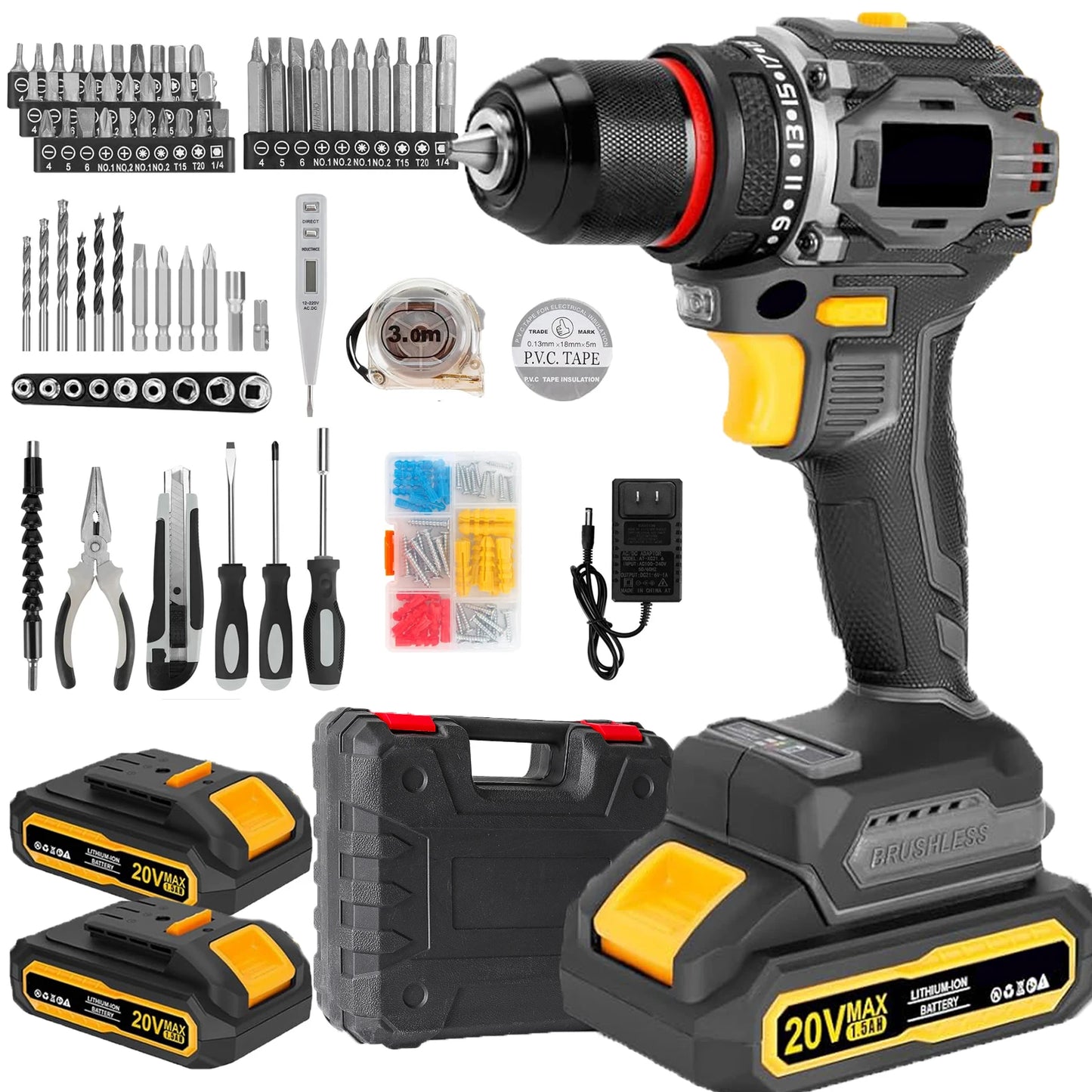 135-teilige Elektrowerkzeug-Kombi-Sets mit 20 V Akku-Bohrschrauber, 10 mm, 3/8 Zoll Schnellspannbohrfutter, professionelle Heim- und Haushalts-DIY-Handwerkzeug-Sets ﻿