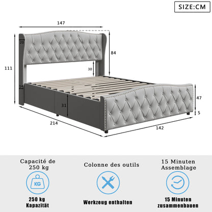 Polsterbett 140x200 cm mit Unterbettkommode, Doppelbett mit Kopfteil und Lattenrost, Samt, für Erwachsene und Jugendliche