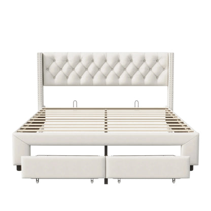 Rosahqnda Modernes Doppelbettgestell 140*190cm Stauraumbett 160-180*200cm mit LED&USB& Schubladen Jugendbett Gästebett Samtbeige