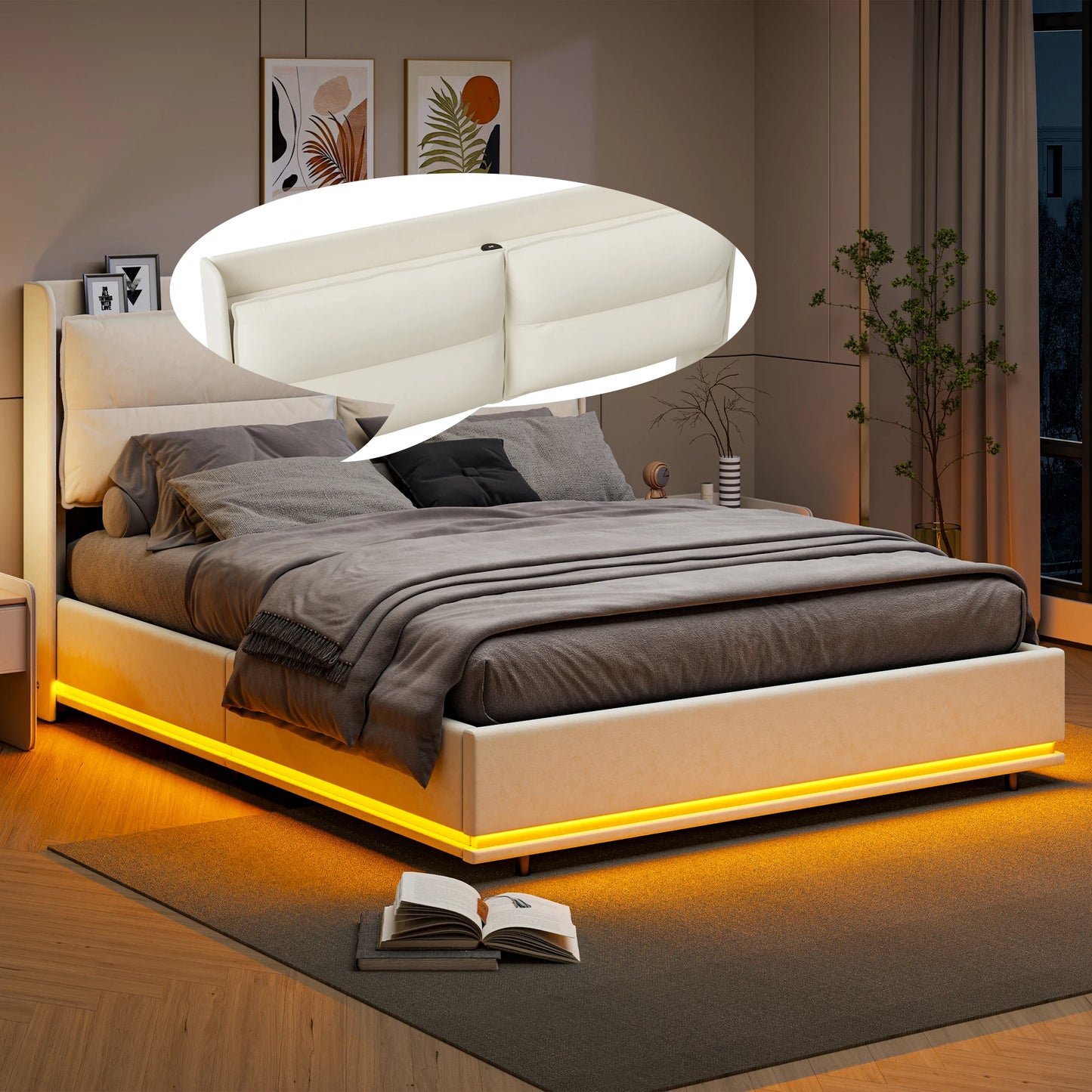 WoodenAura 140×200 cm Polsterbett, hydraulisches Doppelbett mit LED-Leuchten und Lattenrost, mit Rückenlehnenkopfteil